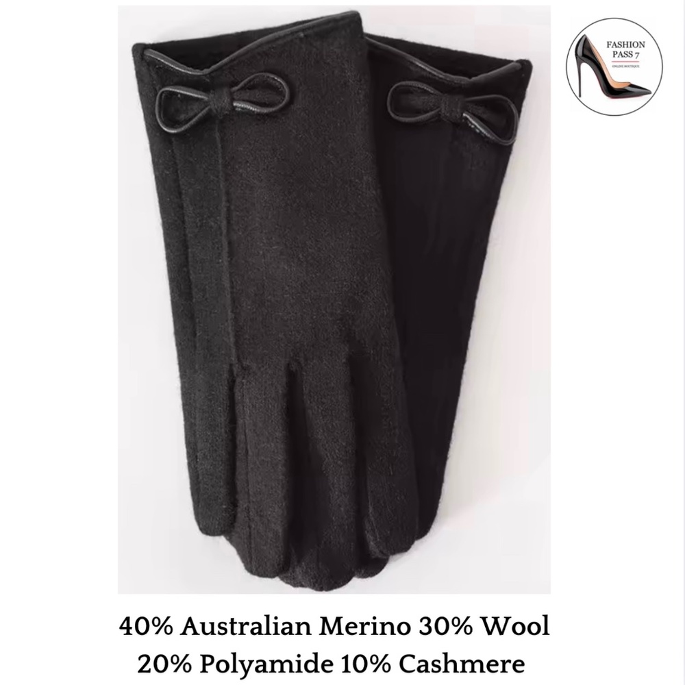 Luxury Cashmere Merino Wool Gloves Classic Black Winter Warm Gloves with Bow